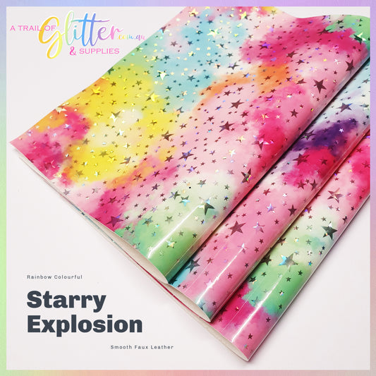 Colourful Starry Sky Burst - Rainbow PU faux Leather