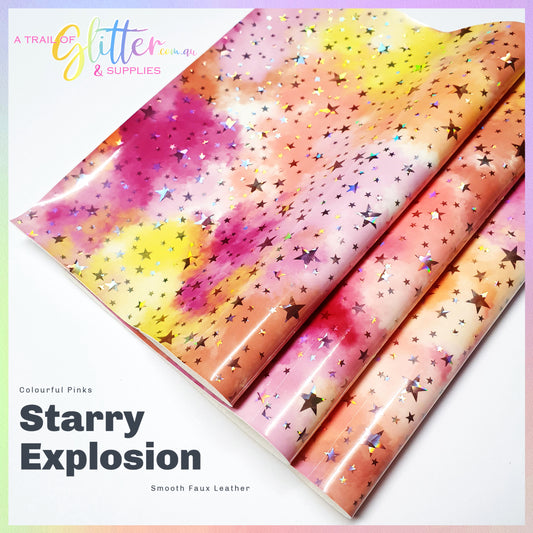 Colourful Starry Sky Burst - Pinks PU faux Leather